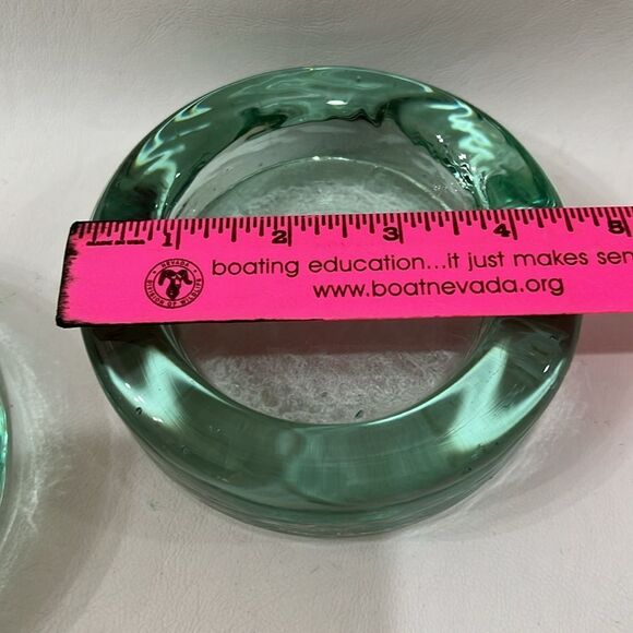Vintage Blenko Glass Paperweight Bubble Green Set 2 4 1/2 in Round 1 1/2 Tall - Picture 3 of 11